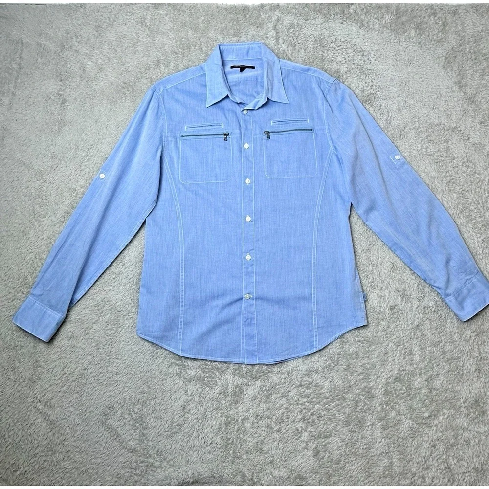 John Varvatos Womens Medium Blue Cotton Minimalist Chic Shirt Roll Tab Sleeves - Picture 10 of 13